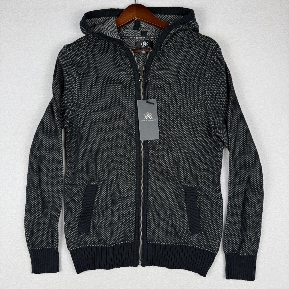 NEW Rock & Republic Mens S Full Zip Hoodie Sweater Black Charcoal Textured Knit
